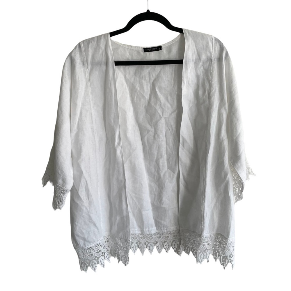 LUNGO L’ARNO White Linen Oversized Open Cardigan Blouse Size S